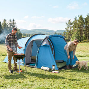Tunneltelt til 2-3 personer 190T campingtelt med pløkker, glasfiber og polyester, lyseblå, 426x206x154cm