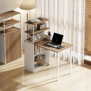 Klapbord, køkkenbord med 4 hylder, computerbord, arbejdsbord, laptopbord, 105 x 60 x 127 cm, naturtræ