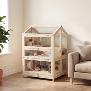 Hamsterbur i træ, 3 niveauer, gnaverbur, bur til små dyr med hytter, vipper, ramper, vandskåle, 68 x 61,5 x 90 cm, naturtræ
