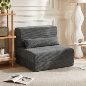 Gulvstol med rygstøtte, Cord Boneless Cloud foldbar sovesofa med tyk polstring, mørkegrå