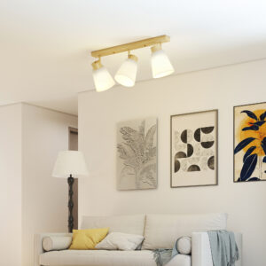 LED loftlampe, 40W, med dobbelt montering og 90° justerbare hoveder, med 3 E27-fatninger, naturtræ