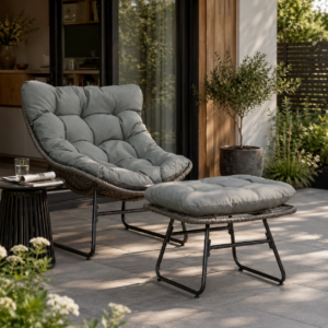 Rattan Afslapningsstol med Fodskammel, Udendørs Rattanstol med Hynde, Stål & Polyester, Grå, 69x76x70 cm til Have & Terrasse