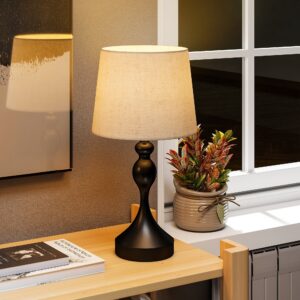 LED-bordlampe med 3 farvetemperaturer, sengelampe med USB A+C-opladeporte, skærm i linned, sort
