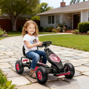 Gokart, Børnekøretøj med Justerbart Sæde, Pedalkøretøj med Gummidæk, Pedal, Håndbremse, Til 5-12 År, Udendørs, Rød+Sort
