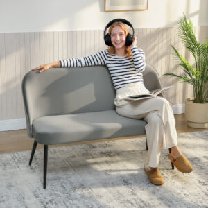 2-personers sofa, moderne polstret sofa med metal- og træstel, fløjlsblødt stofbetræk, grå