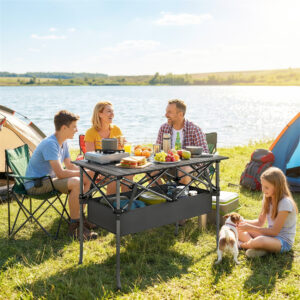 Sammenklappeligt og rulleligt picnicbord, bærbart campingbord med nethylde og bæretaske til udendørs brug, sort