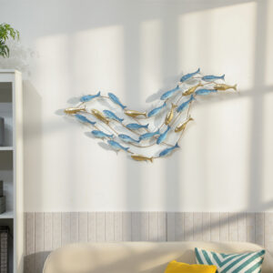 Metalvægkunst, fiskedesign, rustbestandig, moderne stil, elegant, lyseblå
