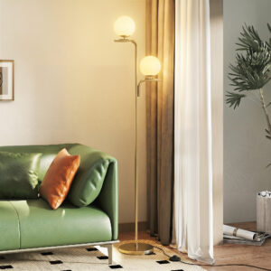 LED-gulvlampe, moderne lampe med 3 farvetemperaturer, kugleformede glasskærme og fodkontakt, guld