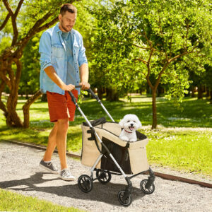Hundebåren, let, foldbar hundevogn i aluminium til hunde og katte op til 10 kg, kattevogn med hynde, netvinduer, døre, opbevaringskurv, kattevogn, khaki