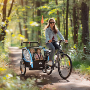 Cykeltrailer 2 i 1 Barnevogn, 360° Drejelig, Stål Oxford, Blå+Sort