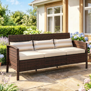 Rattan haveloungesofa tre-personers med hynder, stålstel, brun, 173x68x78 cm, ideel til terrasse og have