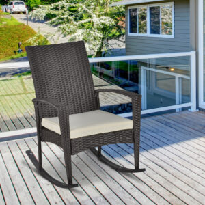 Gyngestol, havestol med hynde, polyrattan og metal, brun og cremehvid, 66 x 88 x 98 cm