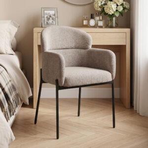 Lænestol, loungestol til stuen med chenille-look, armlæn, metalben til soveværelse, lysebrun