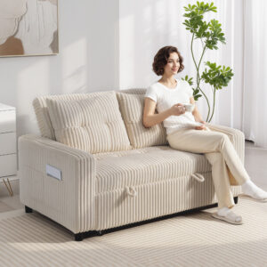 2-personers sovesofa, fløjlsbetræk, kan laves om til en sovesofa, 2 hynder, sidelommer, 157 x 190 cm, cremehvid
