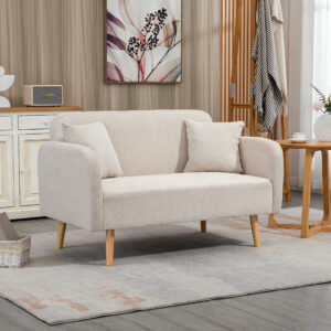 2-personers sofa, moderne design, inklusive 2 hynder, træben, 130 x 70 x 80 cm, cremefarvet