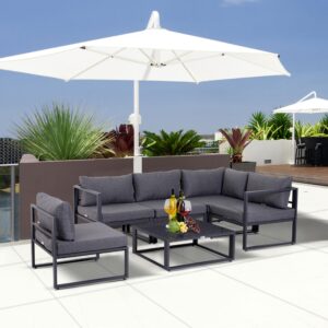 6-delt havemøbelsæt, havesofasæt, siddegruppe, havemøbler, aluminium + polyester + hærdet glas, grå, 4 x lænestole, 1 x hjørnesofa, 1 x sidebord, hynder, til 4-5 personer