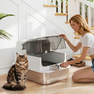 Kattebakke i rustfrit stål med låg, XXL 72L til store katte og flere katte, med dobbeltdøre, skovl, pedal og anti-lækage funktion.