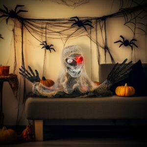 Halloween-dekoration, enøjet mumie, fleksible arme, lysende øjne, uhyggeligt hyl, 55x18x35 cm