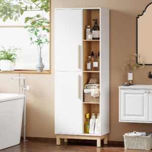 176 cm høj reol, 4 åbne hylder, 2 skabe, fritstående reol, MDF, hvid