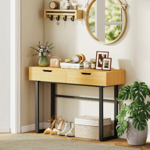 Konsolbord, smalt entrebord med 2 skuffer, metalstel, til entre, 110 x 35 x 76,5 cm, naturlig finish