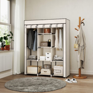 Stofgarderobe, Garderobe med bøjlestativer, 8 niveauer, Foldbart skab, Foldbart klædeskab til soveværelse, entré, Ikke-vævet stof, Cremehvid, 125 x 43 x 162,5 cm