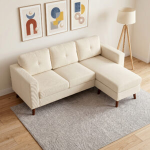 Hjørnesofa 192 cm L-formet 3-personers sofa med vendbar chaiselong, corduroy-look, til små rum, cremehvid