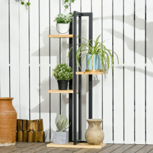 4-lags plantestativ, justerbar 110 cm høj blomsterstativ til indendørs og udendørs brug, træ, sort + naturligt træ