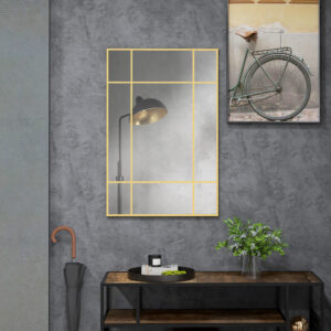 Vægspejl, dekorativt spejl med metalramme, guldfarvede striber, flerlagsglas, 90B x 2D x 60H cm