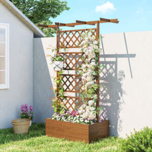 Plantekasse med espalier, firkantet træplantekasse med bagespalier til klatreplanter og tag