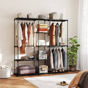 Åben garderobe, 4-etagers tøjstativ med 2 bøjlerum til stuen, 182 x 43 x 185 cm, sort