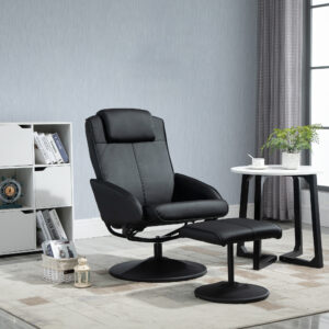 Lænestol med fodskammel, betræk i kunstlæder, lænestol, ergonomisk design, sort