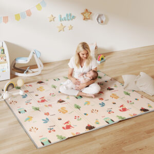 Babylegemåtte, foldbar, børnemåtte, 176,5 x 148 cm, dobbeltsidet kravlemåtte med alfabet og dyremotivmønster