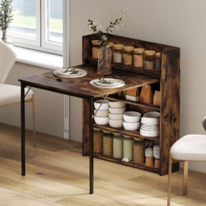 Sammenklappeligt spisebord med hylde, industrielt design, pladsbesparende, til små rum, 80x90x93cm, rustik brun