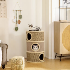 Kradsetønde til katte, 79 cm høj, 45 cm diameter, tre-etagers kattetønde med sisalreb, kattehule, til store katte, khaki+brun