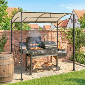 BBQ Gazebo Havepavillon med UV-bestandigt grillovertræk, stålramme og kroge, polyester, beige, 215x150x220 cm