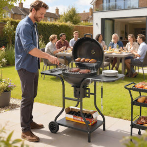 Kulgrill BBQ-ryger med sideborde, låg, termometer og hjul, 129 x 63,5 x 106,5 cm
