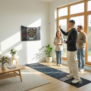 Elektronisk dartskive med døre, trælook, LED-display, stemmemeddelelser, 6 dartpile, 24 udskiftelige spidser