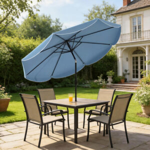 Rund parasol, balkonparasol, strandparasol med 3 vippepositioner, håndsving, 8 ribber, Ø265 x 235H cm, himmelblå
