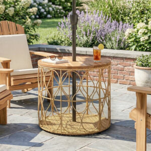 Sidebord Ø50 cm, vejrbestandigt havebord med rattan-look, bordplade i akacietræ, justerbare fødder, teak