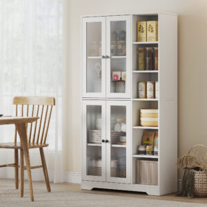 Køkkenskab med vitrinelåger, hylder, åben opbevaring, 172 cm høj, MDF, hvid