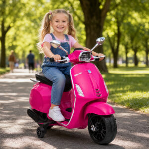 Elektrisk børnemotorcykel, Vespa, 3 km/t, 3-6 år, musik, lys og radio, pink