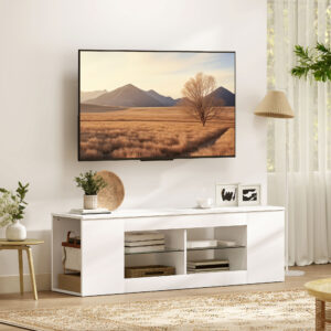 140 cm TV-bord, TV-skab, 6 rum, 2 glashylder, spånplade, hvid