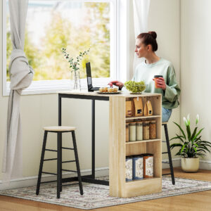 Barbord med Barstolsæt, 3-delt Barbordsæt med Køkkenbord, Opbevaringsplads, 2 Taburetter, Fodstøtter, i Moderne Stil, Pladsbesparende Spisesæt til Spisestue, Køkken, Stål, Eg