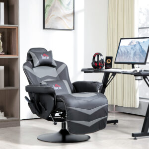Gamingstol, Massagefunktion, Ryglæn med justerbar ryglæn, Fodstøtte, Op til 120 kg, Stålstel, Kunstlæder, Grå