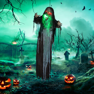 Grønt Monster, Halloween-dekoration, uhyggelige lydeffekter, røde øjne, bevægelig, 183 cm