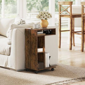 Sidebord, C-formet serveringsvogn, 4 hjul, 3 rum, 40 x 30 x 69 cm, rustik brun