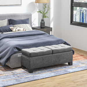 Opbevaringsbænk, polstret bænk med linnedlook, polstret opbevaringskasse, lasteevne op til 180 kg, til entré, soveværelse, stue, 116 x 41 x 47 cm, grå