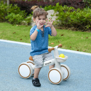 Børnebalancecykel til alderen 1+, Skridsikker med TPU-hjul, Ingen skruer, Ideel gave til drenge og piger, Brun-Hvid 56x27x39 cm