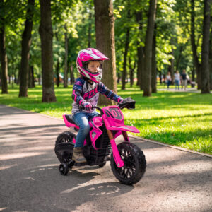 12V Elektrisk Børnemotorcykel, Børnemotorcykel med Støttehjul, op til 3 km/t, Elmotorcykel med Horn og Startlyd, Børnekøretøj til 3-8-årige, maks. 30 kg, Lyserød