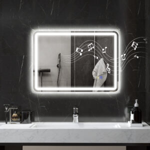 Badeværelsesspejl med Belysning 50x70 cm LED Spejl Vægspejl med Bluetooth Musikfunktion Touch Switch Hukommelsesfunktion Oplyst Spejl Dugfrit med 3 Lysfarver Sølv